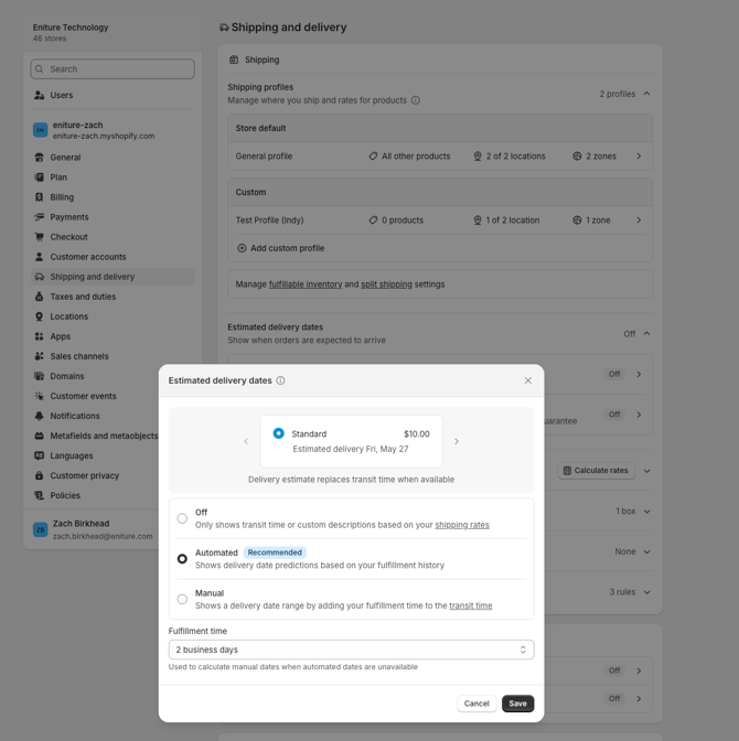 Estimated Delivery Date - Shopify Setting