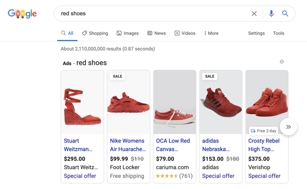 Shopping ads shown in Google search results